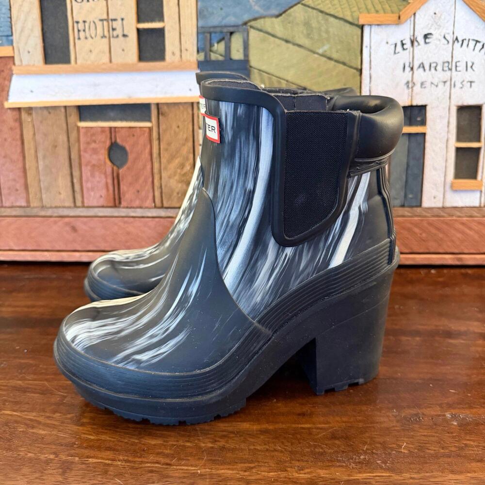 Hunter Nightfall Marbled Chelsea Block Heel Boots 6